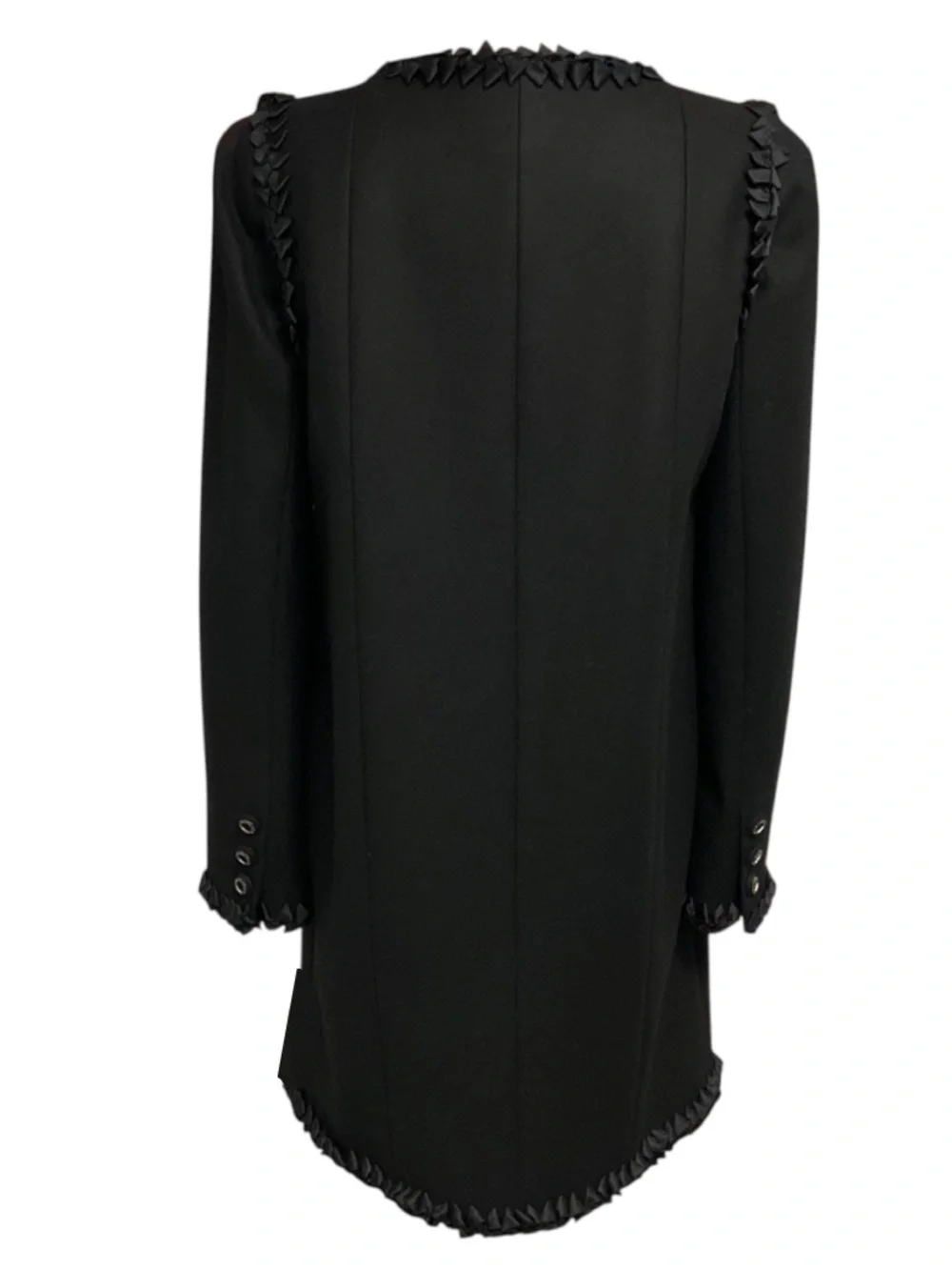 CHANEL BLACK 2008 SILK RIBBON TRIMMED WOOL AND CASHMERE COAT WITH CHAIN DETAILED